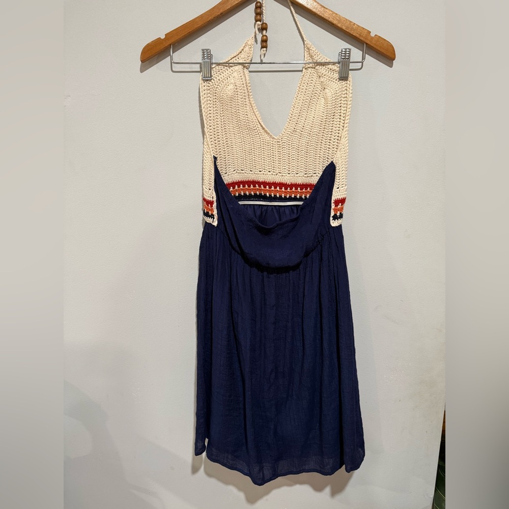 Speechless Navy Dress with Crochet Cream Bodice and Striped Waist - Picture 5 of 13